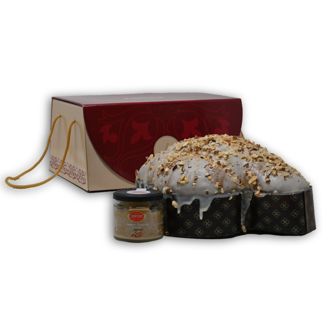 Scatola Colomba alla Mandorla con vasetto di crema spalmabile alla mandorla